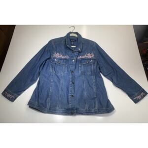 Vtg Womens Denim & Co Jean Jacket Sz 2X Floral Embroidered Light Weight